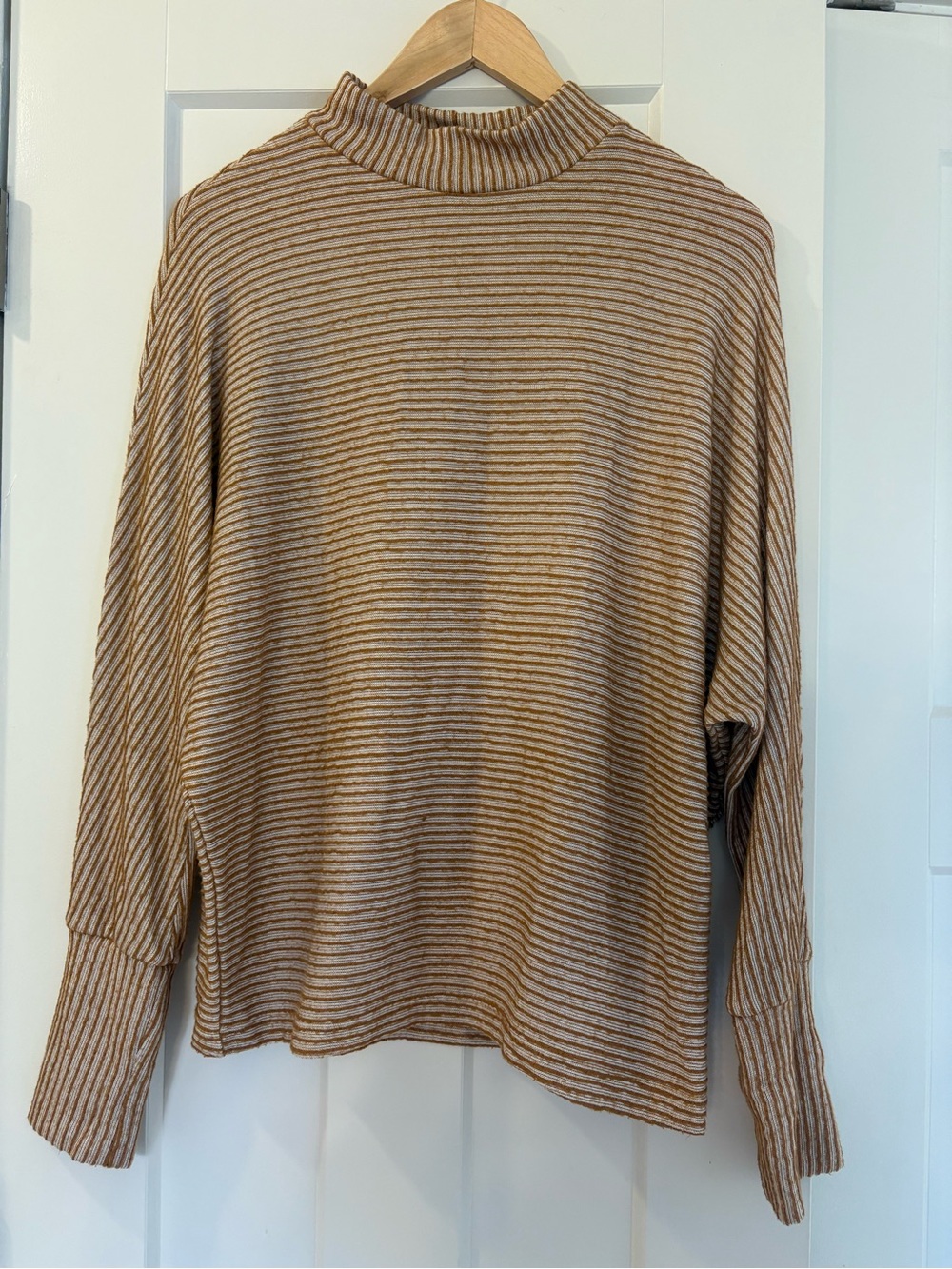 Women’s Striped Mock Neck Sweater - Tan & Cream